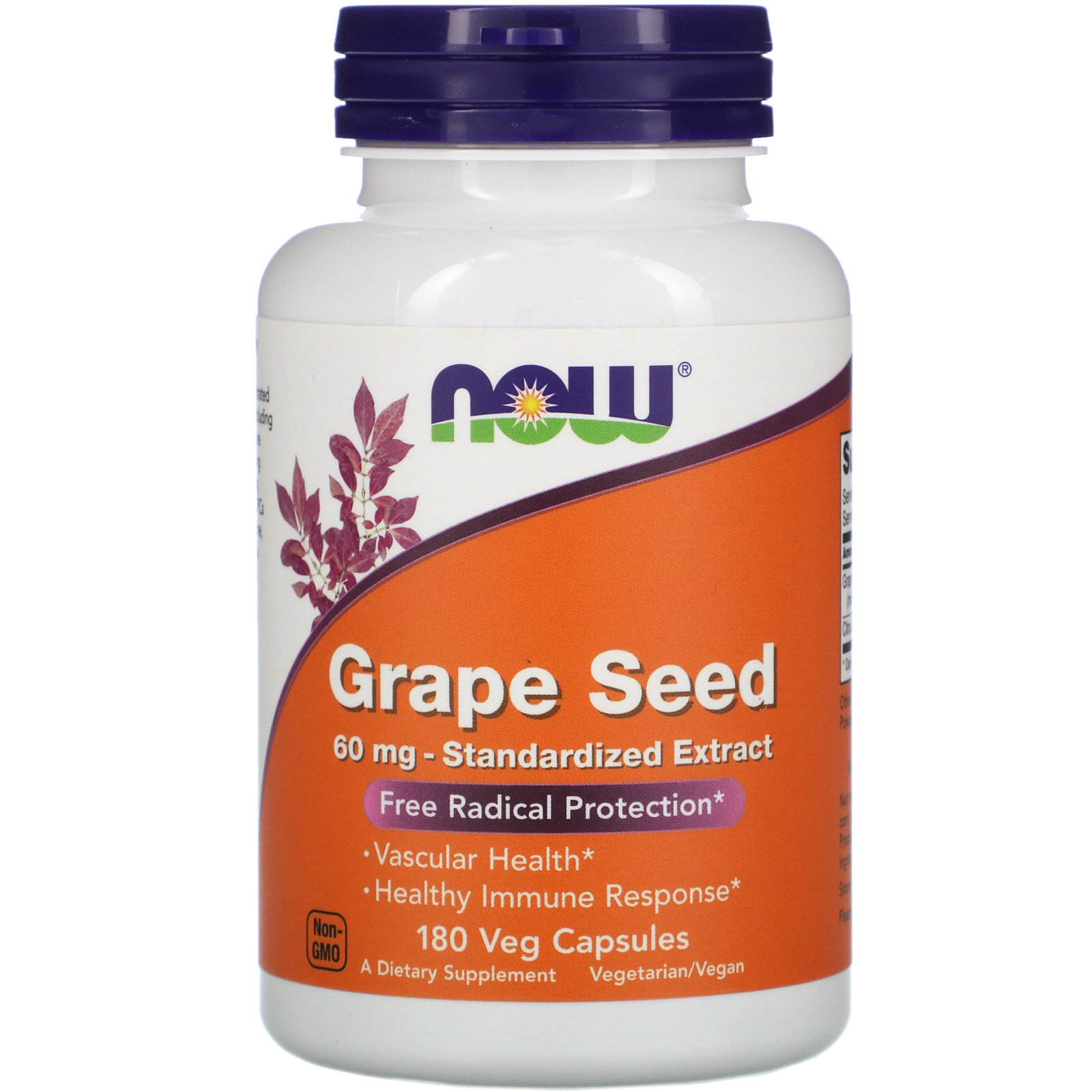 NOW Grape Seed, Экстракт Виноградных Косточек 60 мг - 180 капсул