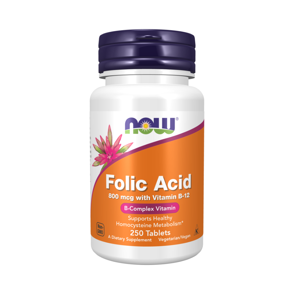 NOW Folic Acid, Фолиевая Кислота 800 мкг, Витамин B-12 25 мкг - 250 таблеток