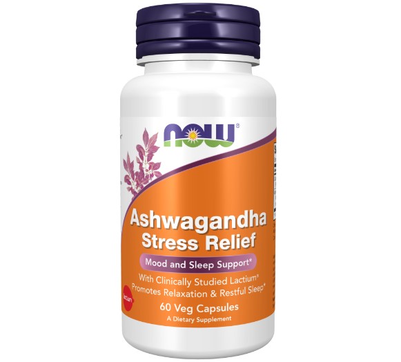 NOW Ashwagandha Stress Relief, Ашваганда c Лактиум Пептидами - 60 капсул