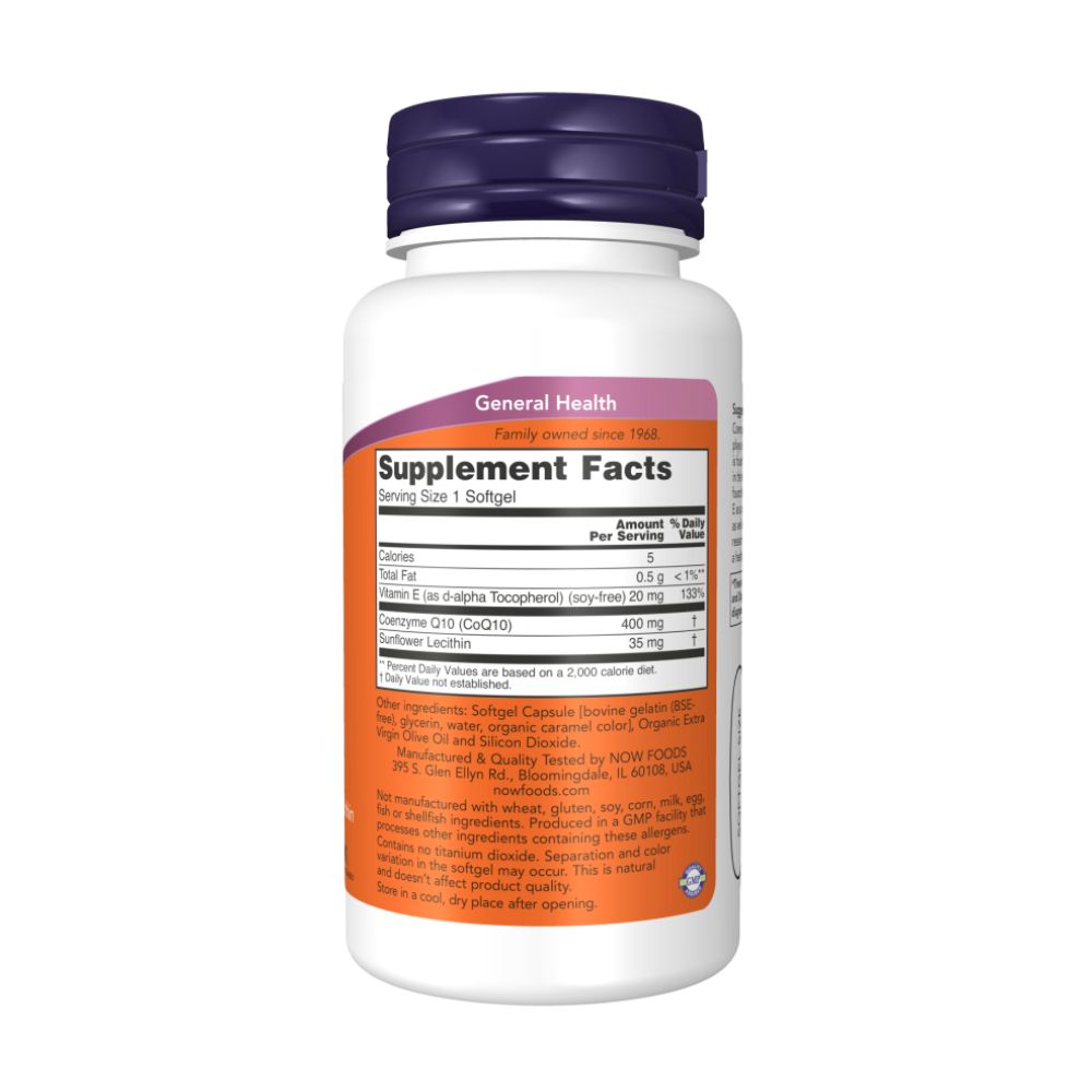 NOW Коэнзим Q10, Coenzyme Q10 400 мг + Лецитин Подсолнечника, Витамин Е - 30 капсул