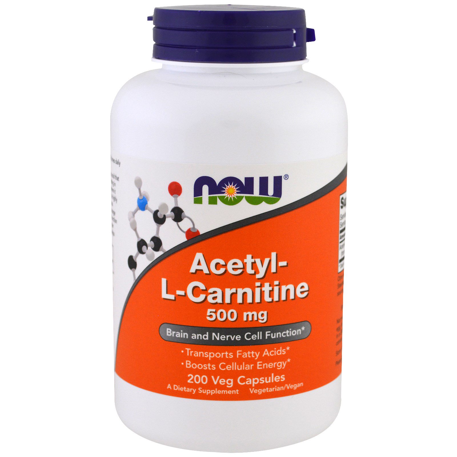 NOW Acetyl-L-Carnitine, Ацетил-L-Карнитин 500 мг - 200 вегетарианских капсул