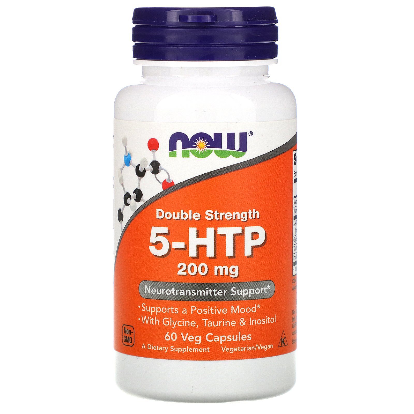 NOW 5-HTP, 5-ГидроксиТриптофан 200 мг + Глицин, Таурин, Инозитол - 60 вегетарианских капсул