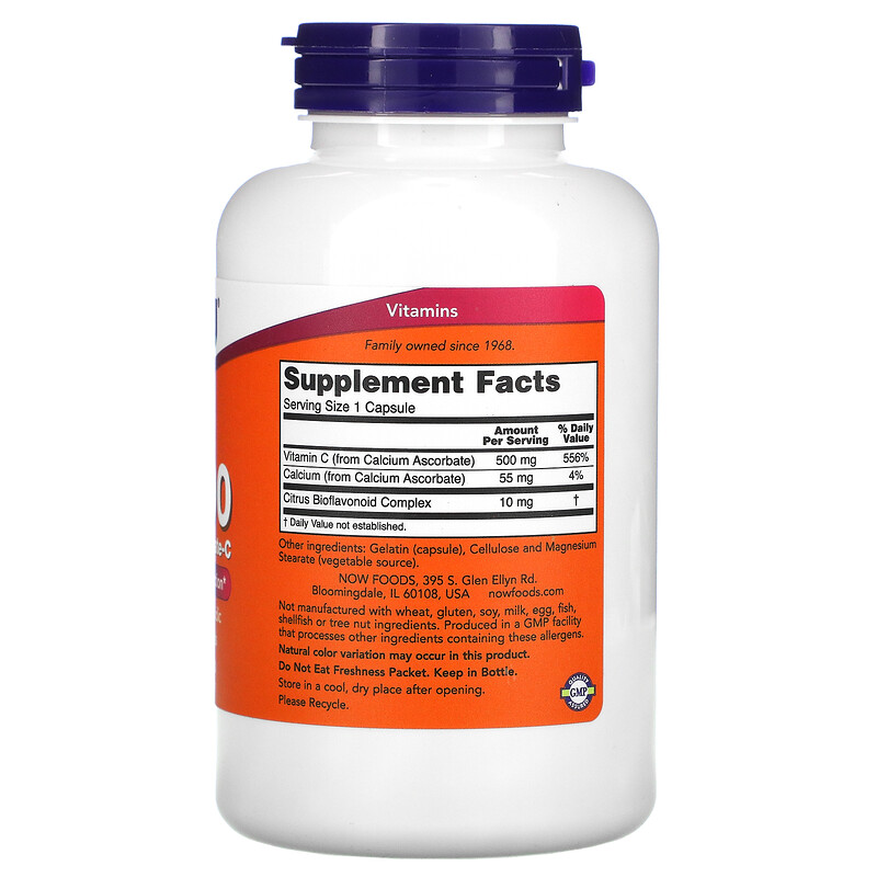 NOW C-500 Calcium Ascorbate-C, Витамин С-500 мг, Биофлавоноиды Комплекс - 250 капсул