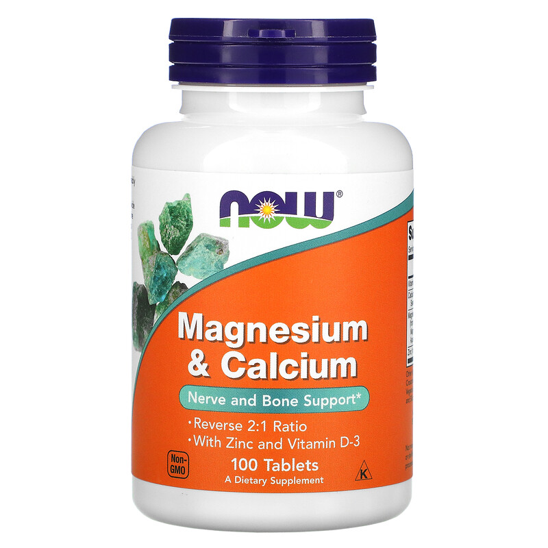 NOW Magnesium + Calcium, Магний и Кальций + Витамин D-3 и Цинк - 100 таблеток