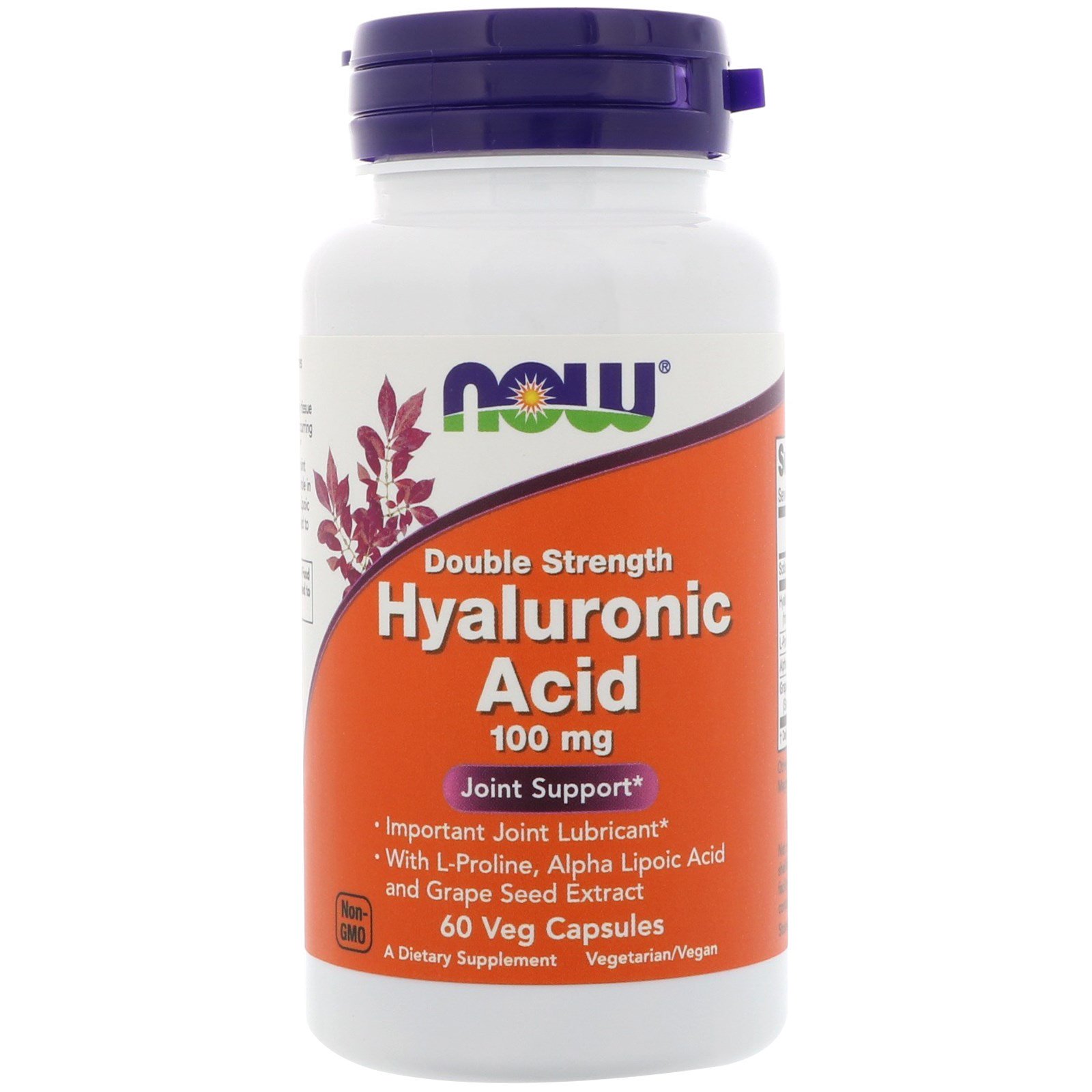 NOW Hyaluronic Acid, Гиалуроновая Кислота с Пролином 100 мг - 60 капсул