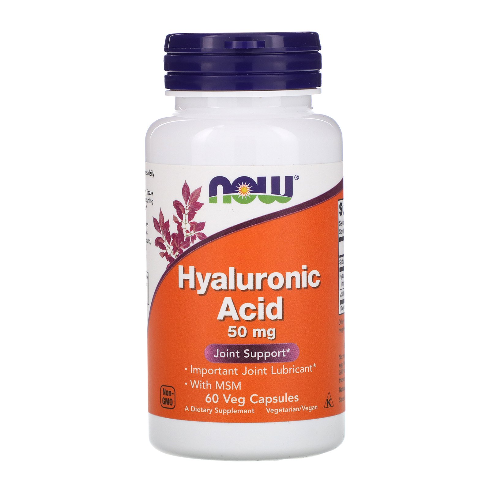 NOW Hyaluronic Acid MSM, Гиалуроновая Кислота 50 мг + MCM - 60 капсул