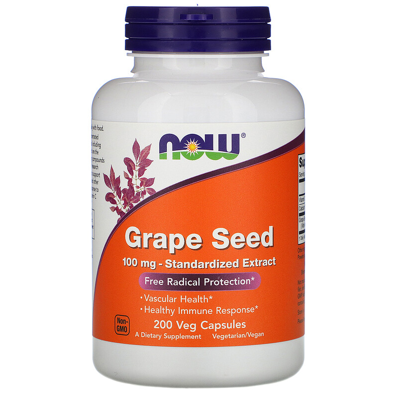 NOW Grape Seed, Экстракт Виноградных Косточек 100 мг - 200 капсул
