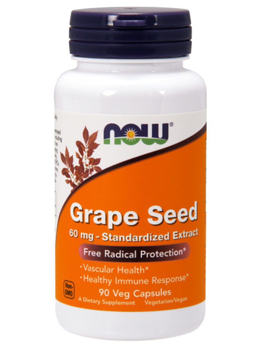NOW Grape Seed, Экстракт Виноградных Косточек 60 мг - 90 капсул
