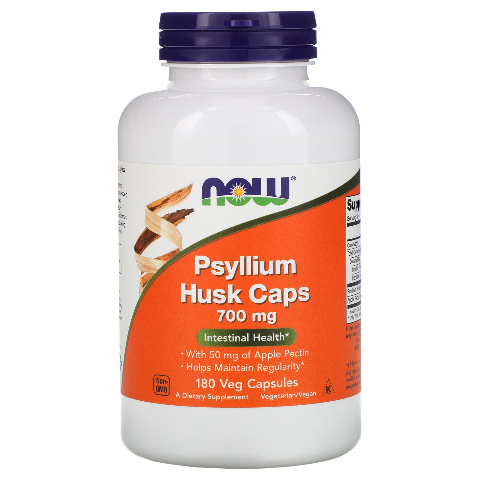 NOW Psyllium Husk Caps, Подорожник 700 мг + Яблочный Пектин - 180 капсул