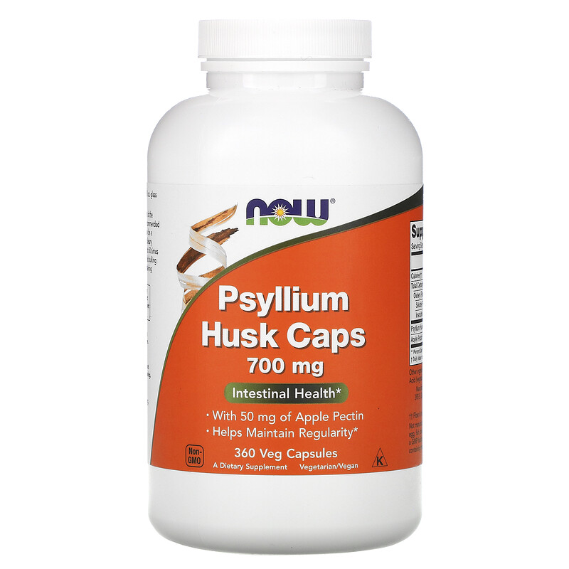 NOW Psyllium Husk Caps, Подорожник 700 мг + Яблочный Пектин - 360 капсул